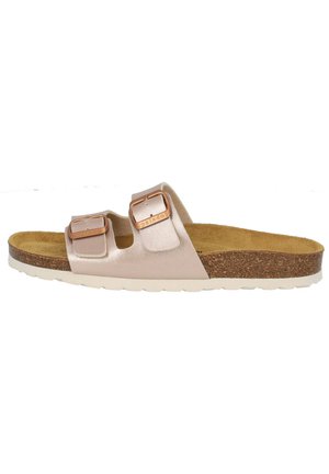 Pink metallic slide sandal with two adjustable buckles, cork footbed, and white rubber sole. Smooth texture and open toe design.
