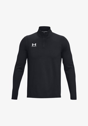 Svart langermet genser med kvart glidelås og krage. Laget av glatt stoff, har en hvit Under Armour-logo på venstre bryst.