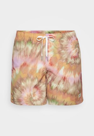 Többszínű batikolt fürdőnadrág puha, sima anyagból, elasztikus derékpánttal és ezüst színű fém végekkel ellátott zsinórral.