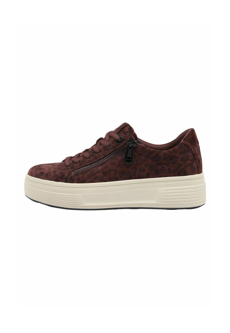 Zapatillas burdeos con un patrón de leopardo, diseño con cordones, cremallera lateral y una suela de plataforma blanca con detalles texturizados.