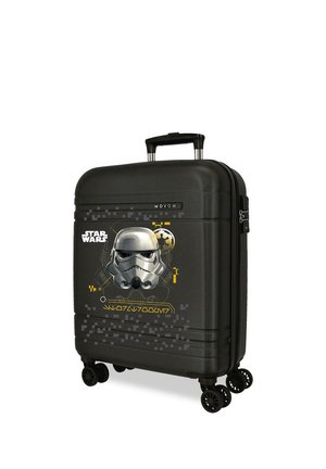 Maleta rígida negra con gráfico de casco de Stormtrooper de Star Wars, patrones digitales, cuatro ruedas giratorias y asa retráctil.