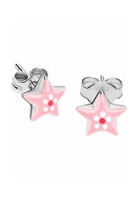 Orecchini a forma di stella rosa con finitura lucida, caratterizzati da punti bianchi e un centro rosso, montati su una base in metallo argento.