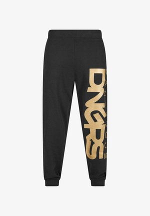 Schwarze Sweatpants aus weichem Material, mit einem großen goldenen Grafikdesign am linken Bein, schmal zulaufenden Bündchen und elastischem Bund.