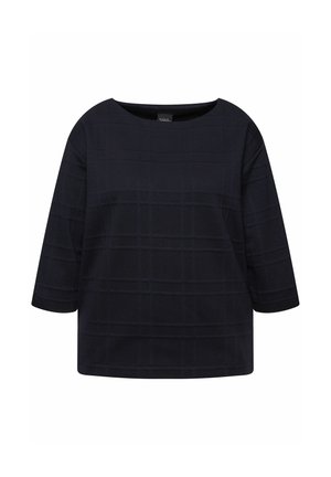 Granatowa bluzka z kwadratowym dekoltem, rękawami o długości trzech ćwiartek i teksturowanym wzorem w kratkę. Wykonana z miękkiego, oddychającego materiału.