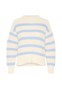 Cream knit sweater with horizontal light blue stripes. Features a round neck and drop shoulder sleeves. Ribbed hem and cuffs.
