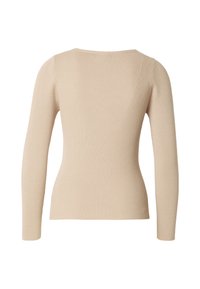Pull beige côtelé à manches longues avec encolure bateau, vu de dos sur un fond blanc.