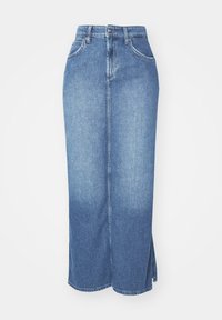 Denim maxi skirt in light blue, featuring a high waist, straight fit, and side slits. Smooth texture with denim stitching details.