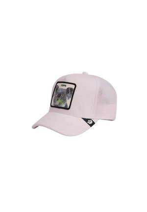 Gorra con parte trasera de malla de color rosa claro con un parche de un koala comiendo hojas y la palabra "DOPE" encima en el panel frontal.