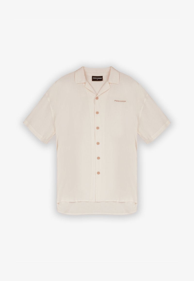 Short-sleeve, light beige button-up shirt with a collar, five front buttons, and subtle branding on the chest. Smooth fabric texture.