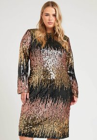 Svart paljettklänning med långa ärmar, rund halsringning och ett gradientmönster i roséguld och silverpaljetter.