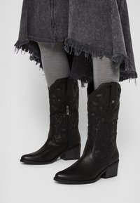 Černé kožené kovbojské boty s špičatou špičkou, zdobným šitím a zipem na boku. Nízký blokový podpatek; hladký povrch.