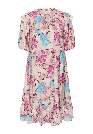 Vestido beige hasta la rodilla con estampado floral en rosa y azul, mangas cortas abullonadas, detalles de volantes en los hombros y un lazo en el cuello redondo fruncido.