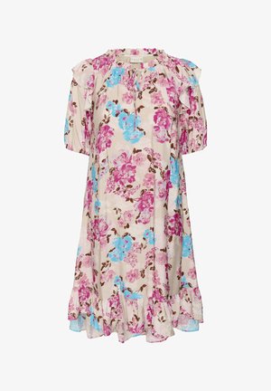 Vestido beige hasta la rodilla con estampado floral en rosa y azul, mangas cortas abullonadas, detalles de volantes en los hombros y un lazo en el cuello redondo fruncido.