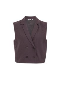 Dubbelknäppt ärmlöst väst i mörklila med en texturerad yta, som har två knappar och en kavajkrage. Minimalistisk design.