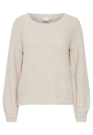 Lys beige strikket sweater med rund halsudskæring, lange ærmer og ribbede manchetter. Har et tekstureret mønster i hele stoffet.