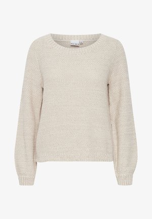 Jasno beżowy sweter dziany z okrągłym dekoltem, długimi rękawami i prążkowanymi mankietami. Posiada teksturowany wzór na całej powierzchni materiału.