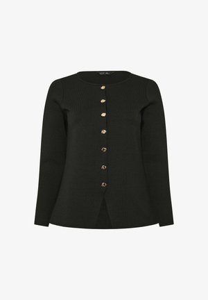 Schwarze langärmlige Strickjacke mit rundem Ausschnitt und sechs goldenen, unregelmäßig geformten Knöpfen entlang der Vorderseite.