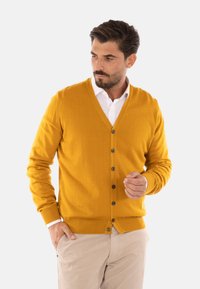 Cardigan giallo senape con scollo a V, chiusura con bottoni, polsini e orlo a coste. Tessuto morbido, indossato sopra una camicia bianca.
