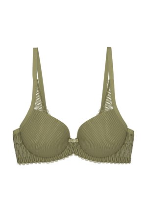 Olijfgroene beha met gevormde cups, kanten accenten en gaasdetails. Voorzien van verstelbare bandjes en een voorpand met kleine sluiting.