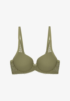 Olijfgroene beha met gevormde cups, kanten accenten en gaasdetails. Voorzien van verstelbare bandjes en een voorpand met kleine sluiting.