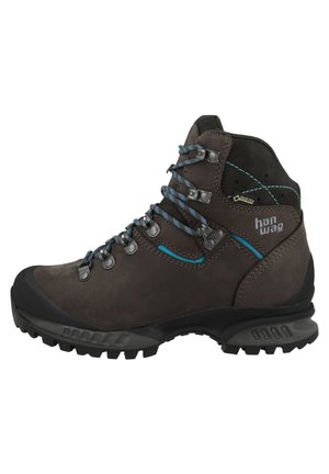 Brown suede hiking boot with blue accents, metal eyelets, and a rugged black rubber sole for traction. Features a reinforced toe and ankle support.