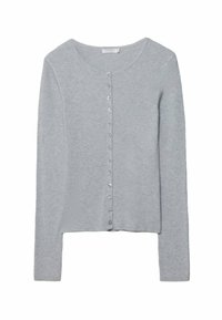 Jasnoszary kardigan z prążkowanej dzianiny, z długimi rękawami i zaokrąglonym dekoltem, zapinany na guziki z przodu. Miękka faktura.