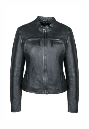 Giacca in pelle nera con colletto alto, chiusura frontale con zip e due tasche con zip. Texture liscia, design su misura e silhouette aderente.