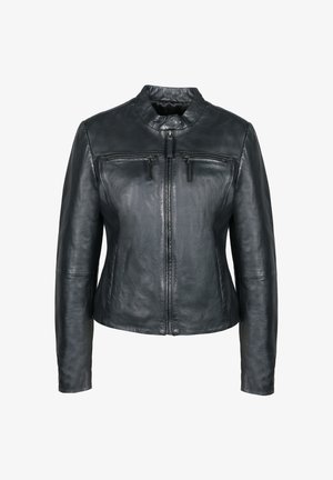 Czarna skórzana kurtka z wysokim kołnierzem, zamek błyskawiczny z przodu i dwoma kieszeniami na zamek. Gładka tekstura, dopasowany krój i wysmuklona sylwetka.