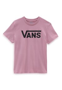 Světle růžové bavlněné tričko s krátkými rukávy, na přední straně velké černé logo "VANS". Hladká textura a kulatý výstřih.