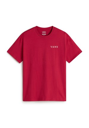 Röd bomullströja med rund hals och korta ärmar. "VANS"-logotypen tryckt i vitt på vänster bröst. Slät textur.