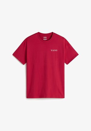 T-shirt en coton rouge avec un col rond et des manches courtes. Logo "VANS" imprimé en blanc sur la partie gauche de la poitrine. Texture lisse.