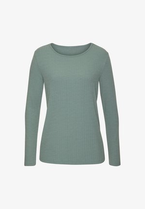 Langsleeve top in een gedempte groene kleur, gemaakt van gebreid materiaal met textuur. Heeft een ronde halslijn en een getailleerde pasvorm.