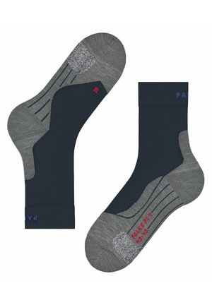 Calzini in misto cotone con parte superiore di un blu navy scuro, soletta grigia e tallone testurizzato. Presentano cuciture rinforzate e una scritta colorata del marchio.