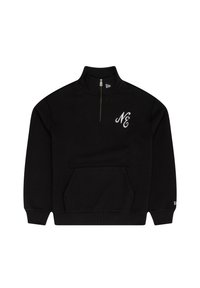 Schwarzer Sweatshirt mit Viertel-Reißverschluss und hohem Kragen, Fronttasche, gerippten Ärmelbündchen und in Weiß auf der Brust gesticktem "NE". Weicher Stoff.