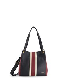 Sac à épaule noir et bordeaux avec une finition texturée, présentant des accessoires en or et trois rayures verticales : bordeaux, or et noir.