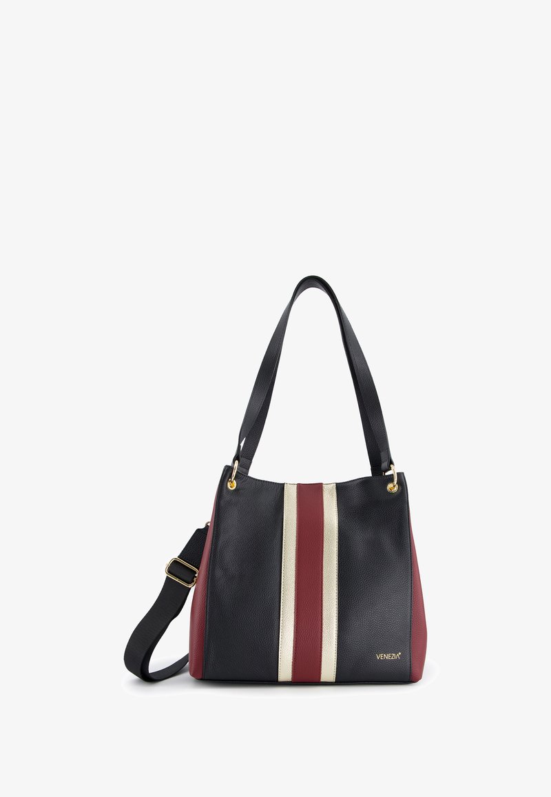 Black and maroon shoulder bag with a textured finish, featuring gold hardware and three vertical stripes: maroon, gold, and black.