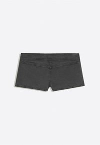 Black denim shorts with a fitted waist and rear pockets, displayed flat against a white background, showing the back side.