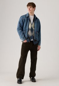 Jachetă din denim de culoare albastru deschis, cu guler și două buzunare frontale, purtată peste un pulover cu model. Asortată cu pantaloni din corduroy de culoare verde închis.