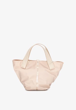 Borsa shopper beige con manici larghi e striscia verticale con logo "Alexander Smith" in rilievo al centro anteriore.