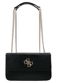 Černá kabelka z kůže s krokodýlím ražením, se zlatým kovovým řetízkem a logem, uzavíratelná na klopu, se strukturovaným designem.