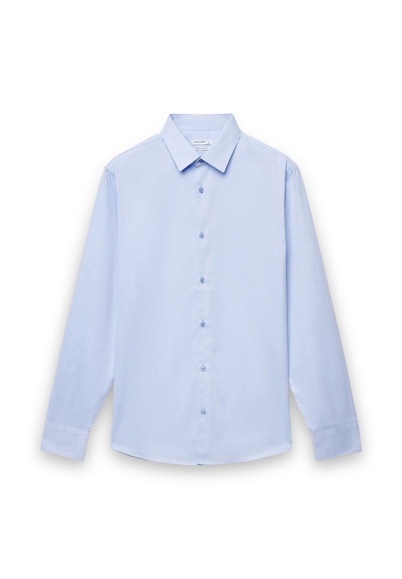 Hellblaues Hemd mit Knopfleiste, spitzem Kragen, langen Ärmeln und vorderer Leiste mit passenden Knöpfen. Glatter Stoff mit feiner Struktur.