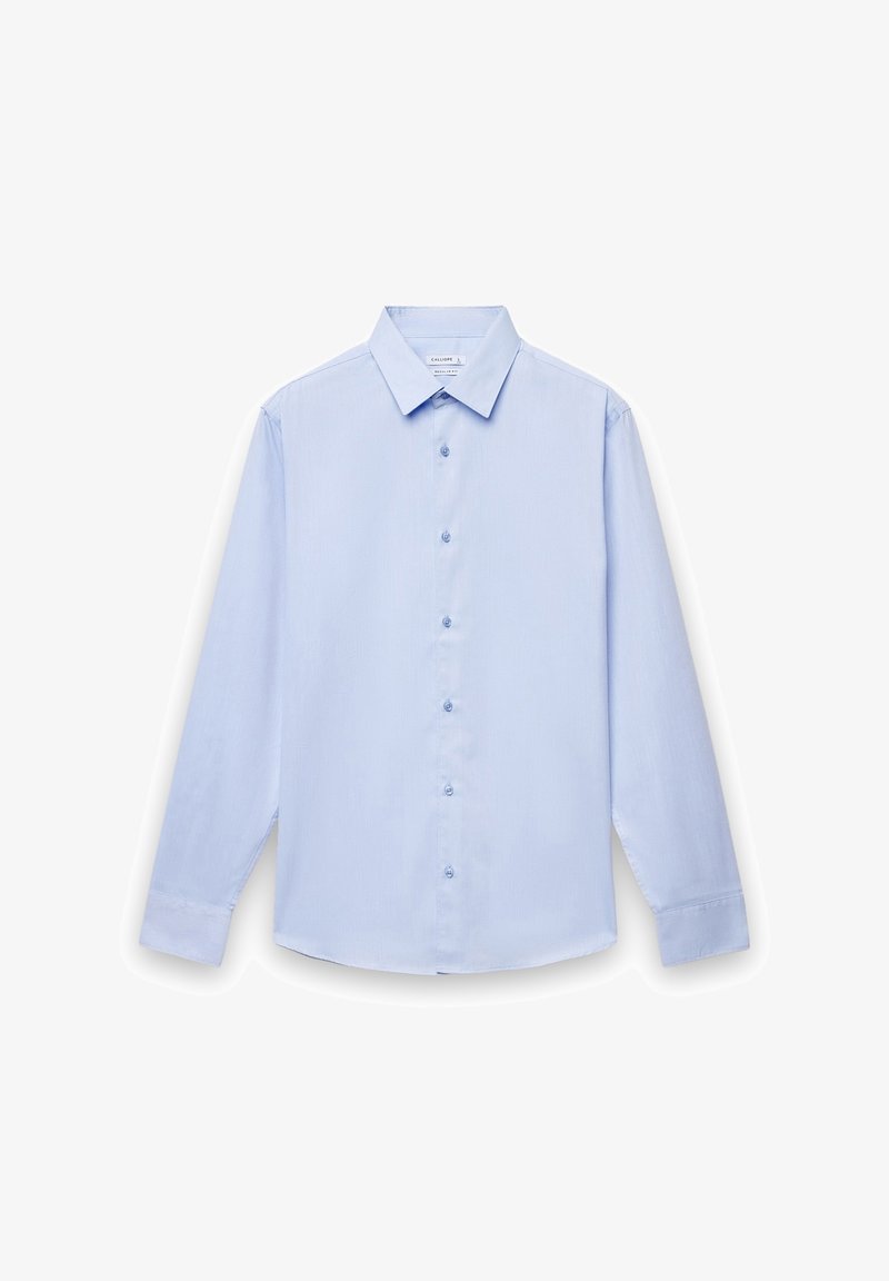 Hellblaues Hemd mit Knopfleiste, spitzem Kragen, langen Ärmeln und vorderer Leiste mit passenden Knöpfen. Glatter Stoff mit feiner Struktur.