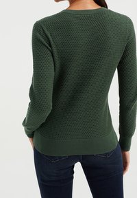 Grön texturerad stickad tröja med ett honungskombinationsmönster, ribbade ärmslut och nederkant, med en klassisk rundhals. Baksidan visar en figurnära design.