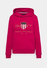 Sudadera con capucha rosa con un bolsillo frontal, que presenta un logo bordado en oro y colores, con el texto "AMERICAN SPORTSWEAR" debajo.