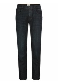 Donkerblauwe spijkerbroek in een normale pasvorm, met een knoopsluiting, vijf zakken en een subtiele textuur voor extra detail.
