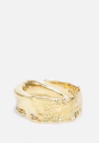 Gold ring featuring a textured, wavy design with a polished finish, showing intricate detailing and a gap in the band for adjustable fit.