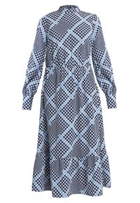 Långärmad, klänning i marinblått och ljusblått mönster med hög halsringning, cinchad midja och utställd nederdel med lager av ruffle-detaljer.