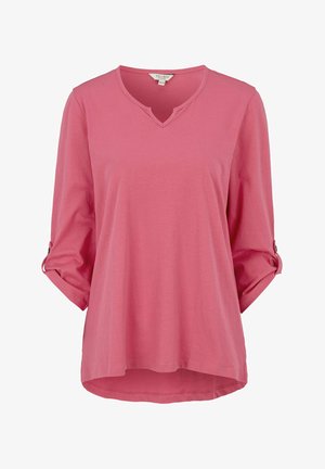 Rosa Langarmshirt aus weichem Stoff mit V-Ausschnitt und hochrollbaren Ärmeln, die mit Knöpfen befestigt sind. Es hat einen abgerundeten Saum für eine lockere Passform.