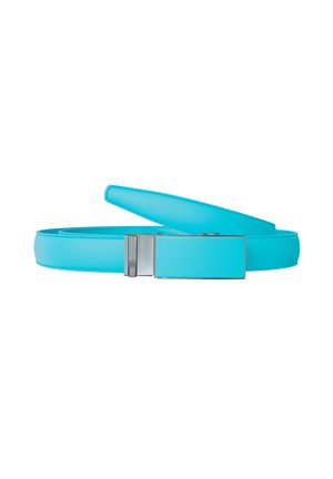 Bright blue leather belt with a rectangular metallic buckle, partially coiled on a white background.