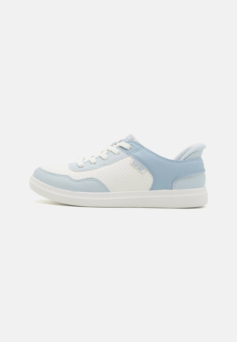 White and light blue sneakers with a perforated upper, soft material, round toe, flat sole, and lace-up design. Light blue accents at the heel.